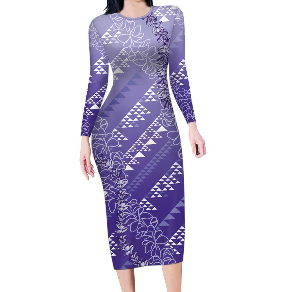 Hawaii Lavender Kapa Long Sleeve Bodycon Dress Vintage 'Ohe Kāpala Motifs Mix Plumeria Leis LT7 Long Dress Lavender - Polynesian Pride
