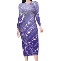 Hawaii Lavender Kapa Long Sleeve Bodycon Dress Vintage 'Ohe Kāpala Motifs Mix Plumeria Leis LT7 Long Dress Lavender - Polynesian Pride