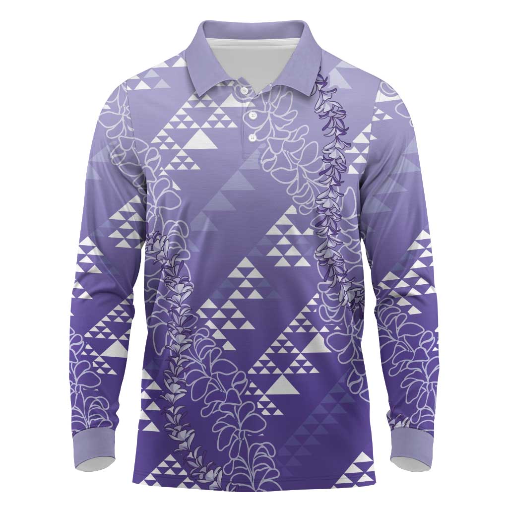 Hawaii Lavender Kapa Long Sleeve Polo Shirt Vintage 'Ohe Kāpala Motifs Mix Plumeria Leis