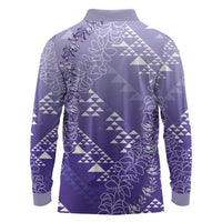 Hawaii Lavender Kapa Long Sleeve Polo Shirt Vintage 'Ohe Kāpala Motifs Mix Plumeria Leis