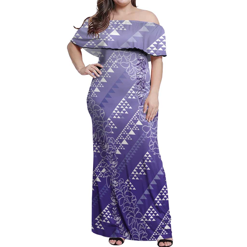 Hawaii Lavender Kapa Off Shoulder Maxi Dress Vintage 'Ohe Kāpala Motifs Mix Plumeria Leis LT7 Women Lavender - Polynesian Pride