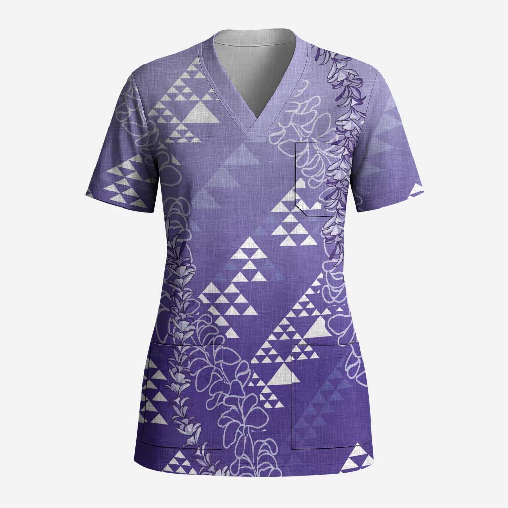 Hawaii Lavender Kapa Scrub Top Vintage 'Ohe Kāpala Motifs Mix Plumeria Leis LT7 Adult Lavender - Polynesian Pride