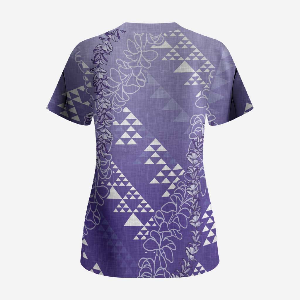Hawaii Lavender Kapa Scrub Top Vintage 'Ohe Kāpala Motifs Mix Plumeria Leis