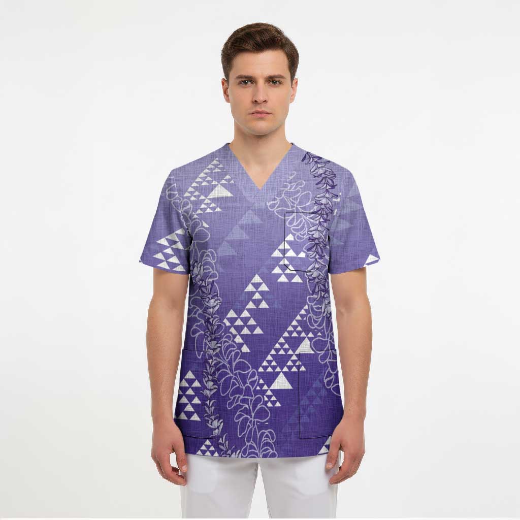 Hawaii Lavender Kapa Scrub Top Vintage 'Ohe Kāpala Motifs Mix Plumeria Leis