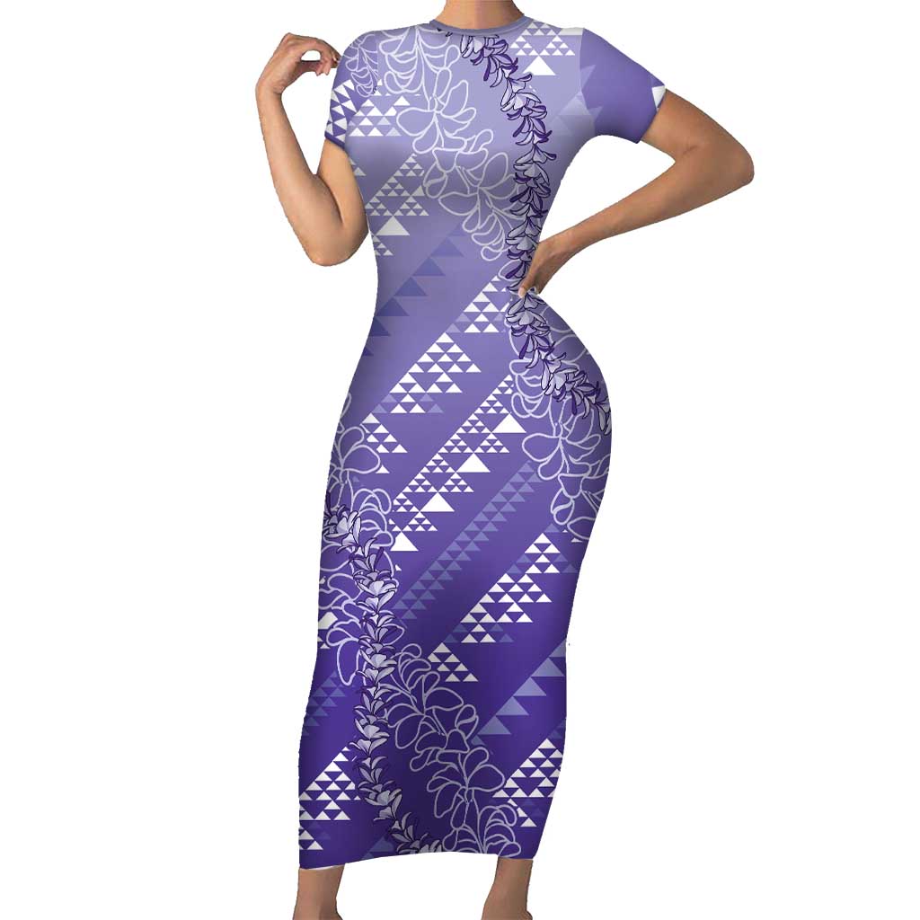 Hawaii Lavender Kapa Short Sleeve Bodycon Dress Vintage 'Ohe Kāpala Motifs Mix Plumeria Leis LT7 Long Dress Lavender - Polynesian Pride
