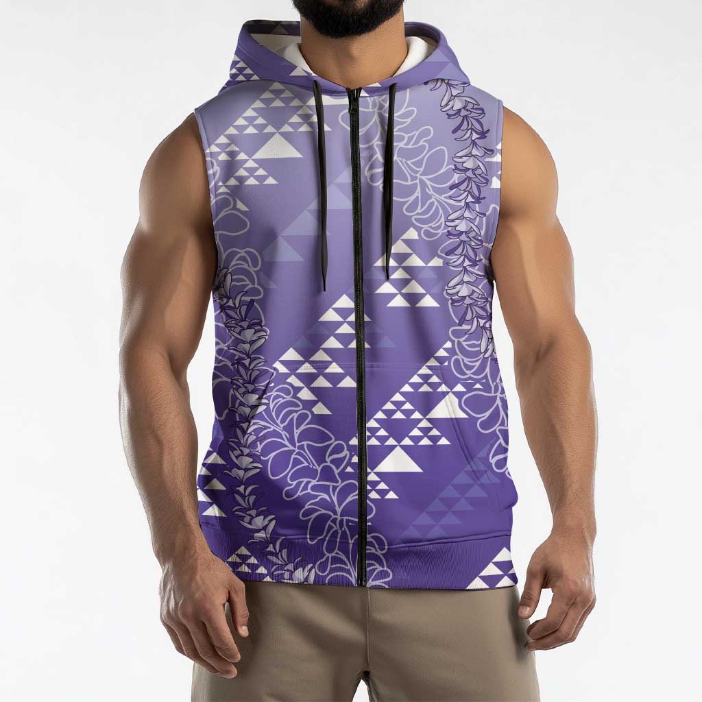 Hawaii Lavender Kapa Sleeveless Zip Hoodie Vintage 'Ohe Kāpala Motifs Mix Plumeria Leis LT7 - Polynesian Pride