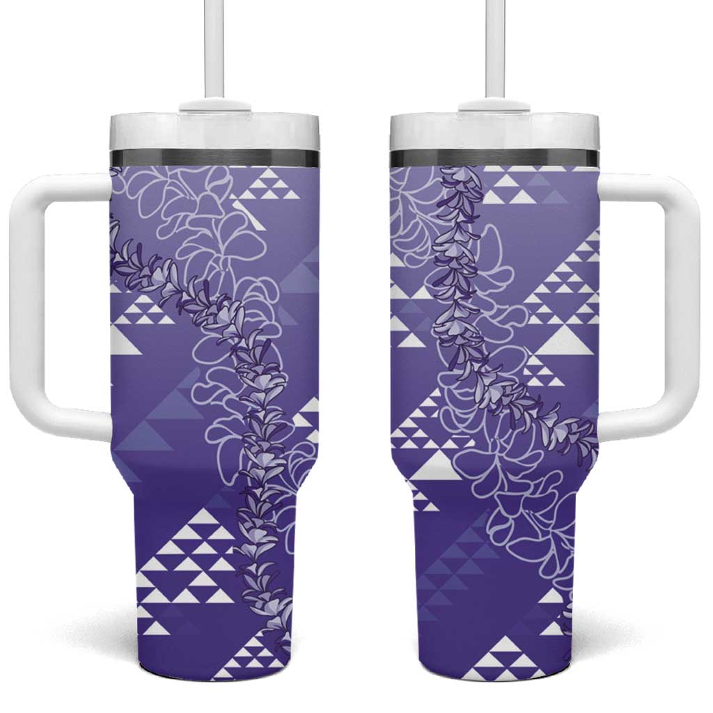 Hawaii Lavender Kapa Tumbler With Handle Vintage 'Ohe Kāpala Motifs Mix Plumeria Leis LT7 One Size: 40 oz Lavender - Polynesian Pride