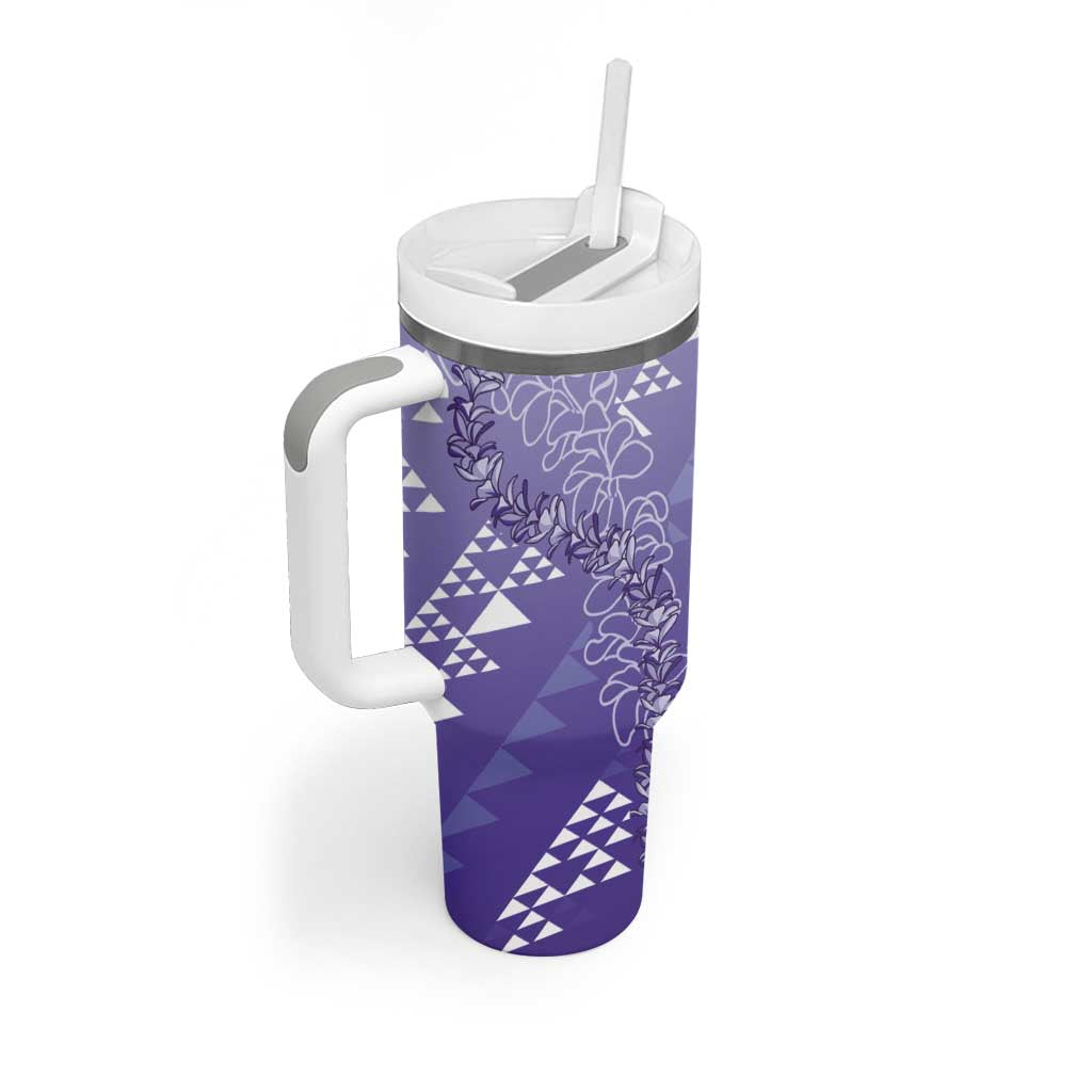 Hawaii Lavender Kapa Tumbler With Handle Vintage 'Ohe Kāpala Motifs Mix Plumeria Leis LT7 - Polynesian Pride