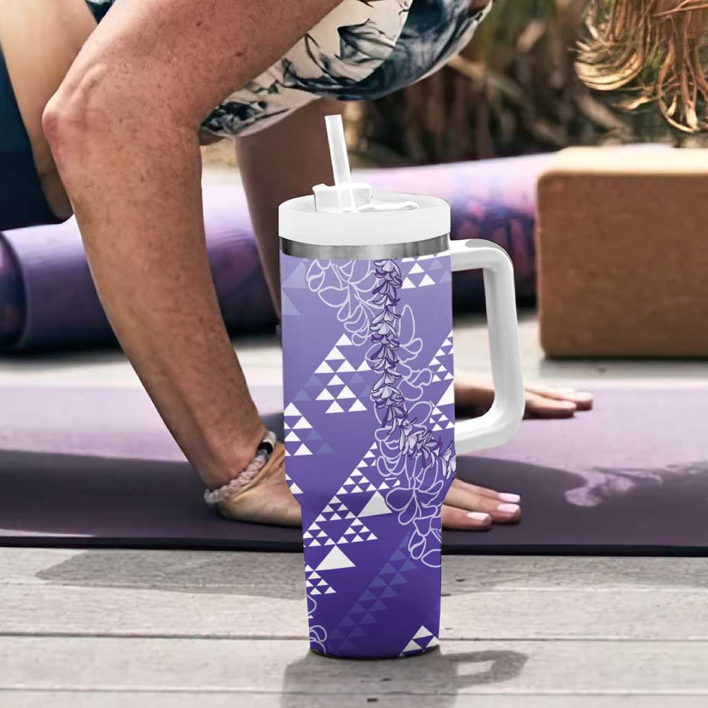 Hawaii Lavender Kapa Tumbler With Handle Vintage 'Ohe Kāpala Motifs Mix Plumeria Leis LT7 - Polynesian Pride