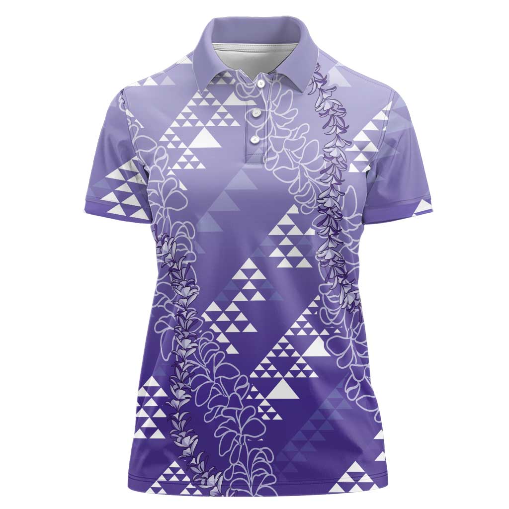 Hawaii Lavender Kapa Women Polo Shirt Vintage 'Ohe Kāpala Motifs Mix Plumeria Leis