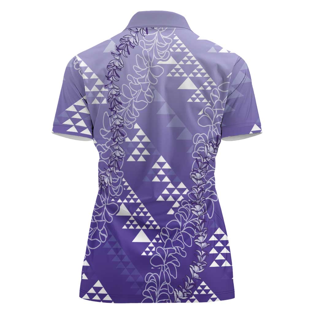 Hawaii Lavender Kapa Women Polo Shirt Vintage 'Ohe Kāpala Motifs Mix Plumeria Leis