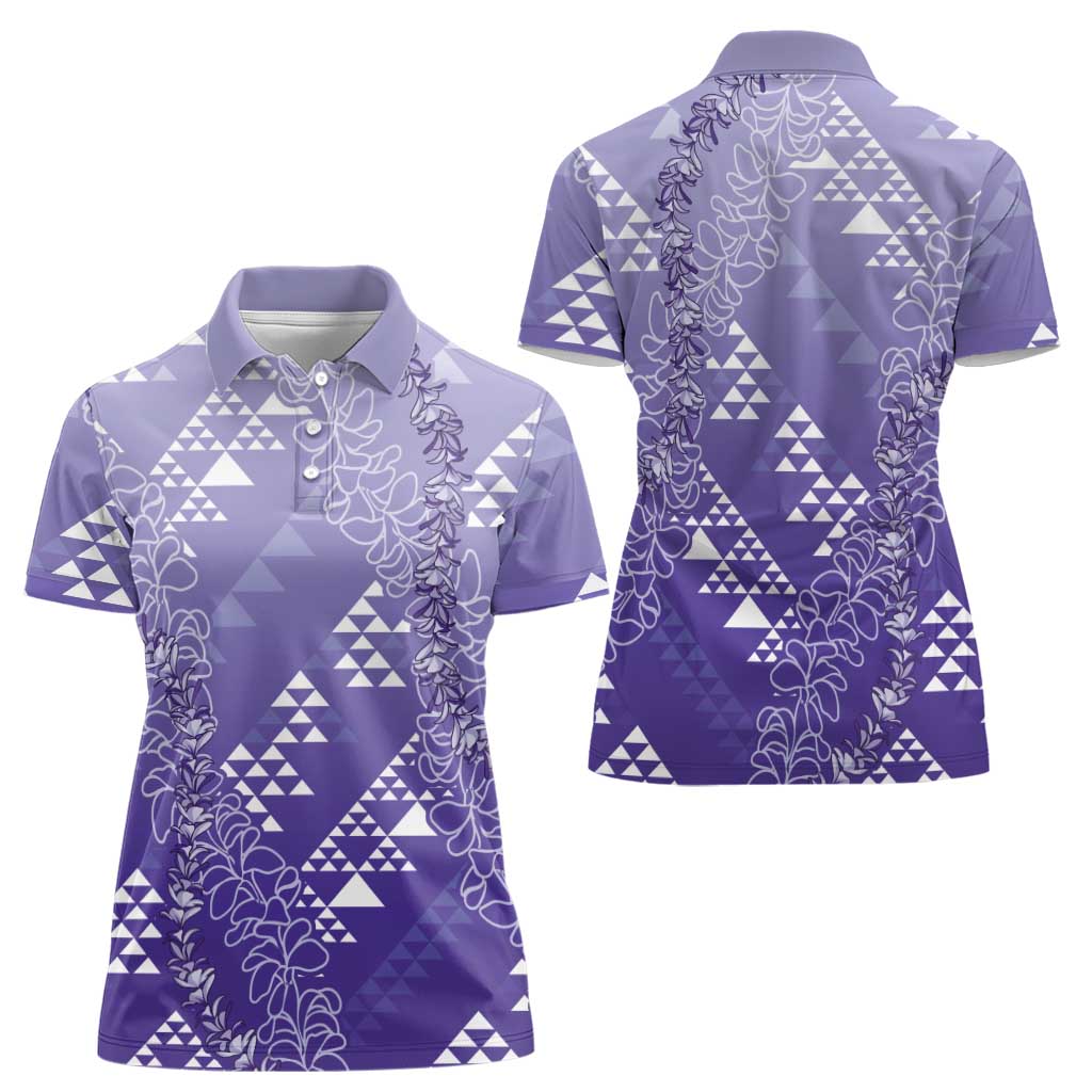 Hawaii Lavender Kapa Women Polo Shirt Vintage 'Ohe Kāpala Motifs Mix Plumeria Leis