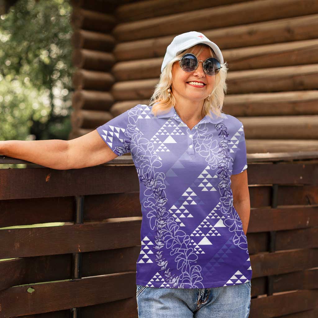 Hawaii Lavender Kapa Women Polo Shirt Vintage 'Ohe Kāpala Motifs Mix Plumeria Leis