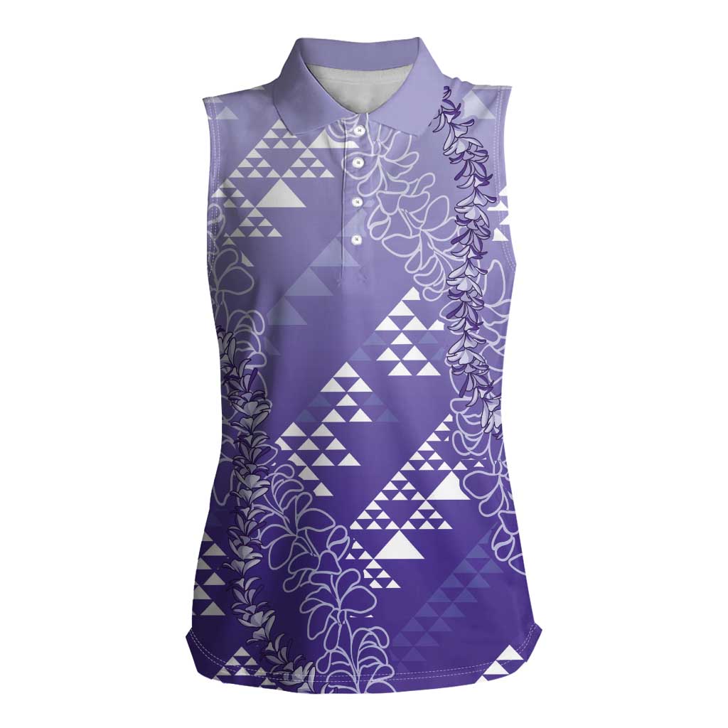 Hawaii Lavender Kapa Women Sleeveless Polo Shirt Vintage 'Ohe Kāpala Motifs Mix Plumeria Leis