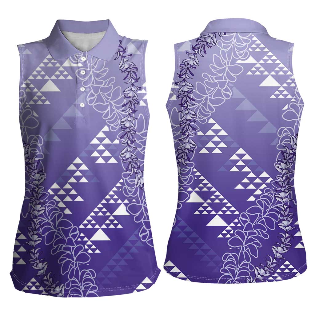 Hawaii Lavender Kapa Women Sleeveless Polo Shirt Vintage 'Ohe Kāpala Motifs Mix Plumeria Leis