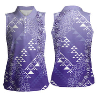 Hawaii Lavender Kapa Women Sleeveless Polo Shirt Vintage 'Ohe Kāpala Motifs Mix Plumeria Leis
