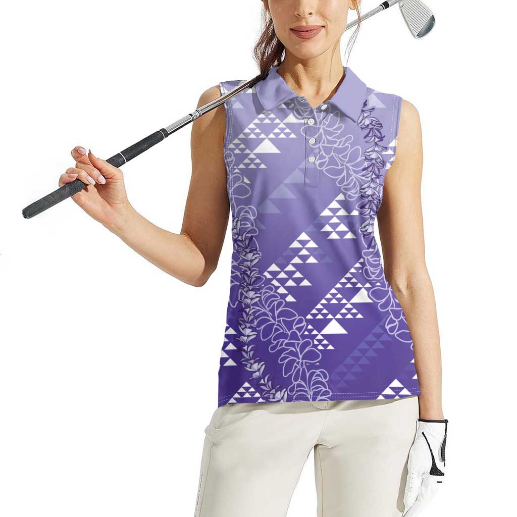Hawaii Lavender Kapa Women Sleeveless Polo Shirt Vintage 'Ohe Kāpala Motifs Mix Plumeria Leis
