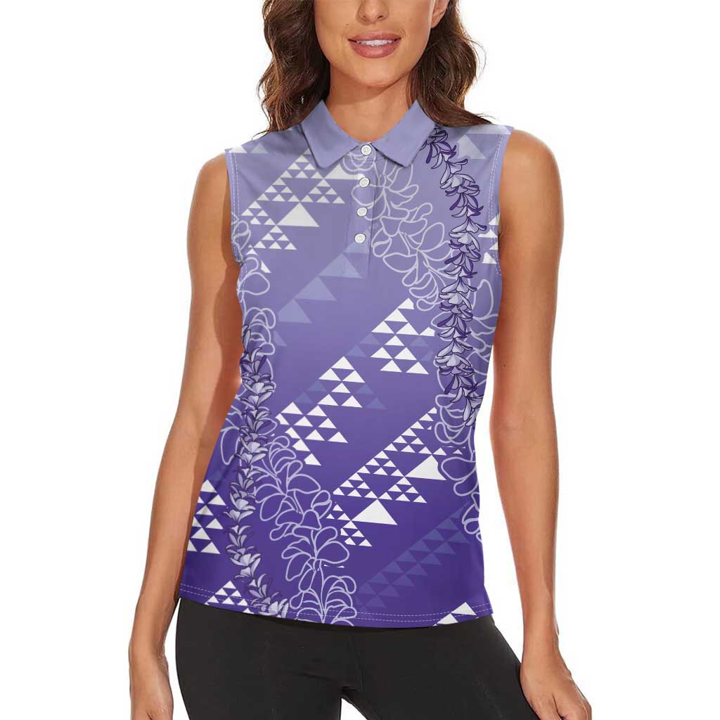 Hawaii Lavender Kapa Women Sleeveless Polo Shirt Vintage 'Ohe Kāpala Motifs Mix Plumeria Leis