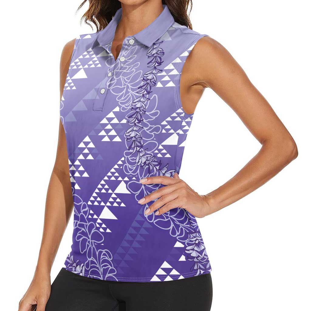 Hawaii Lavender Kapa Women Sleeveless Polo Shirt Vintage 'Ohe Kāpala Motifs Mix Plumeria Leis