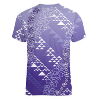 Hawaii Lavender Kapa Women V-Neck T-Shirt Vintage 'Ohe Kāpala Motifs Mix Plumeria Leis