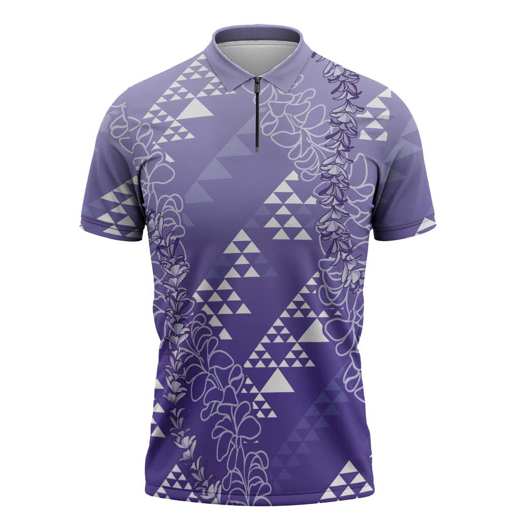 Hawaii Lavender Kapa Zipper Polo Shirt Vintage 'Ohe Kāpala Motifs Mix Plumeria Leis