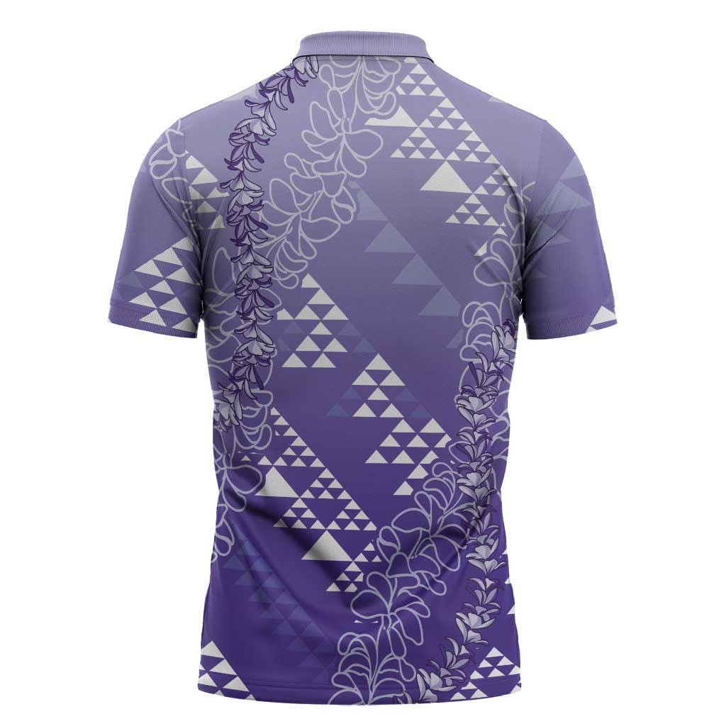 Hawaii Lavender Kapa Zipper Polo Shirt Vintage 'Ohe Kāpala Motifs Mix Plumeria Leis