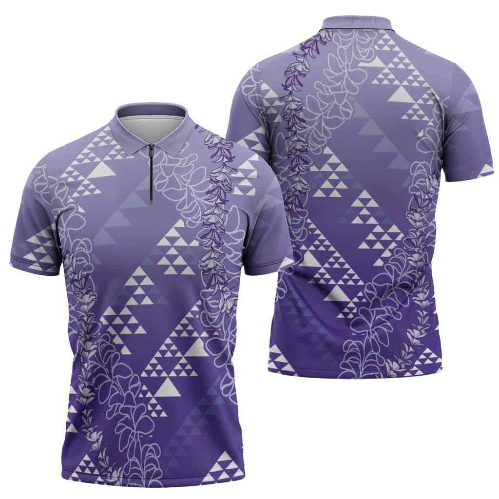 Hawaii Lavender Kapa Zipper Polo Shirt Vintage 'Ohe Kāpala Motifs Mix Plumeria Leis