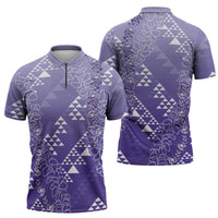Hawaii Lavender Kapa Zipper Polo Shirt Vintage 'Ohe Kāpala Motifs Mix Plumeria Leis