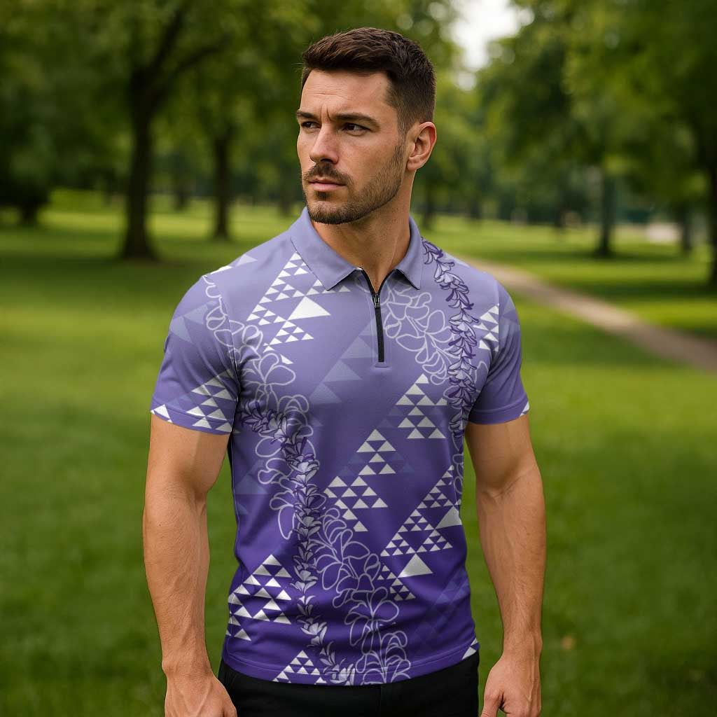 Hawaii Lavender Kapa Zipper Polo Shirt Vintage 'Ohe Kāpala Motifs Mix Plumeria Leis