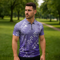 Hawaii Lavender Kapa Zipper Polo Shirt Vintage 'Ohe Kāpala Motifs Mix Plumeria Leis