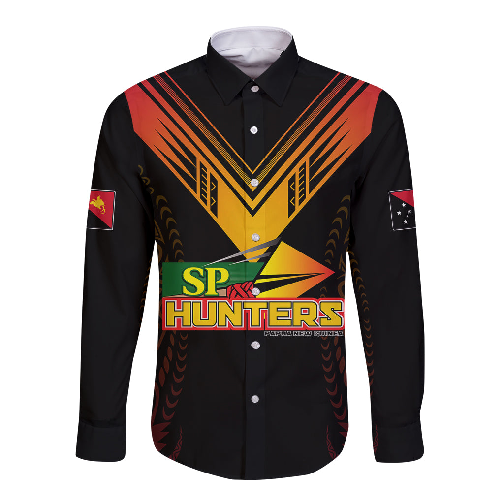 Personalised PNG Hunters Rugby Long Sleeve Button Shirt Motuan Style LT7 Unisex Black - Polynesian Pride