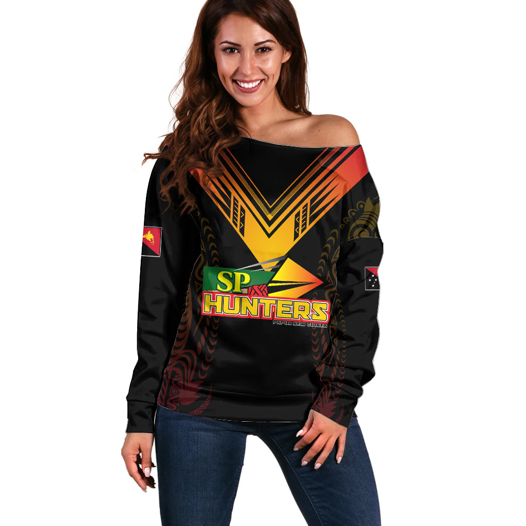 Personalised PNG Hunters Rugby Off Shoulder Sweater Motuan Style LT7 Women Black - Polynesian Pride