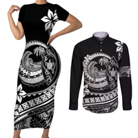 Polynesian Plumeria Couples Matching Short Sleeve Bodycon Dress and Long Sleeve Button Shirts Ride The Waves - Black LT7 Black - Polynesian Pride