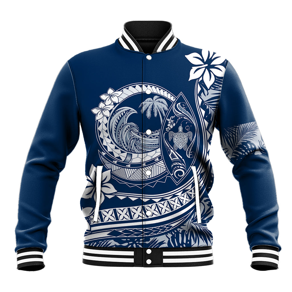 Polynesian Plumeria Baseball Jacket Ride The Waves - Navy Blue LT7 Unisex Navy Blue - Polynesian Pride