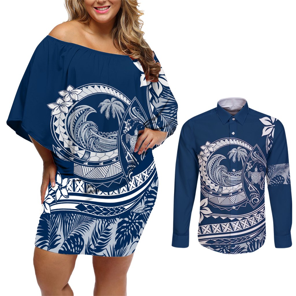 Polynesian Plumeria Couples Matching Off Shoulder Short Dress and Long Sleeve Button Shirts Ride The Waves - Navy Blue LT7 Navy Blue - Polynesian Pride