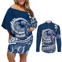 Polynesian Plumeria Couples Matching Off Shoulder Short Dress and Long Sleeve Button Shirts Ride The Waves - Navy Blue LT7 Navy Blue - Polynesian Pride