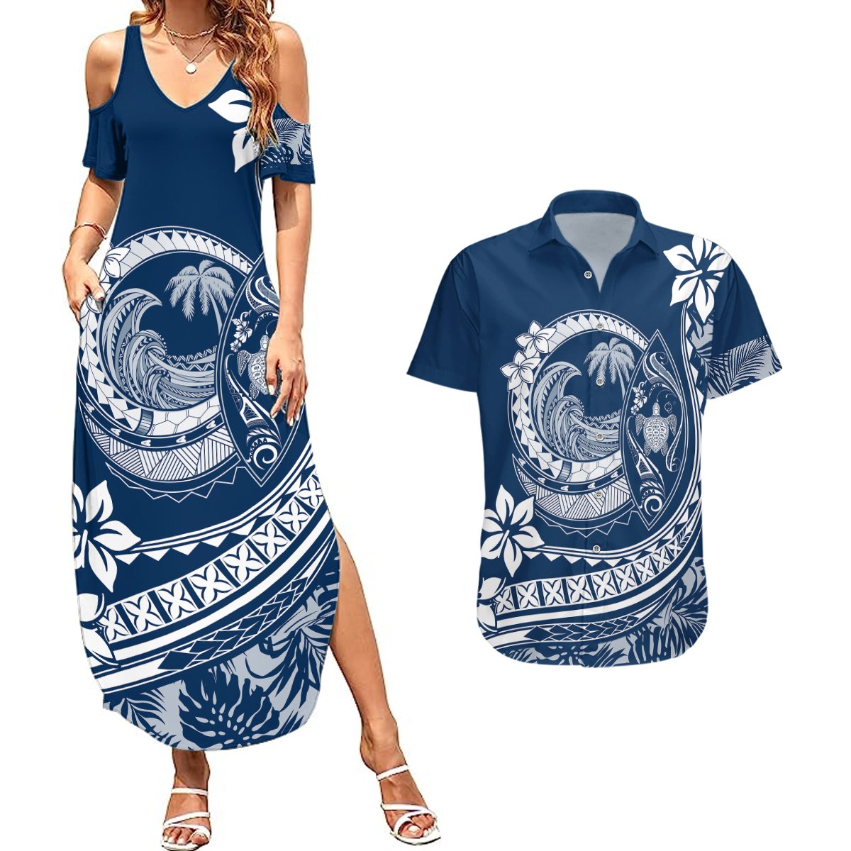 Polynesian Plumeria Couples Matching Summer Maxi Dress and Hawaiian Shirt Ride The Waves - Navy Blue LT7 Navy Blue - Polynesian Pride