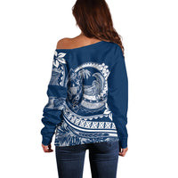 Polynesian Plumeria Off Shoulder Sweater Ride The Waves - Navy Blue LT7 - Polynesian Pride