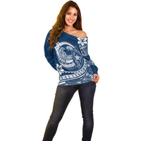 Polynesian Plumeria Off Shoulder Sweater Ride The Waves - Navy Blue LT7 - Polynesian Pride