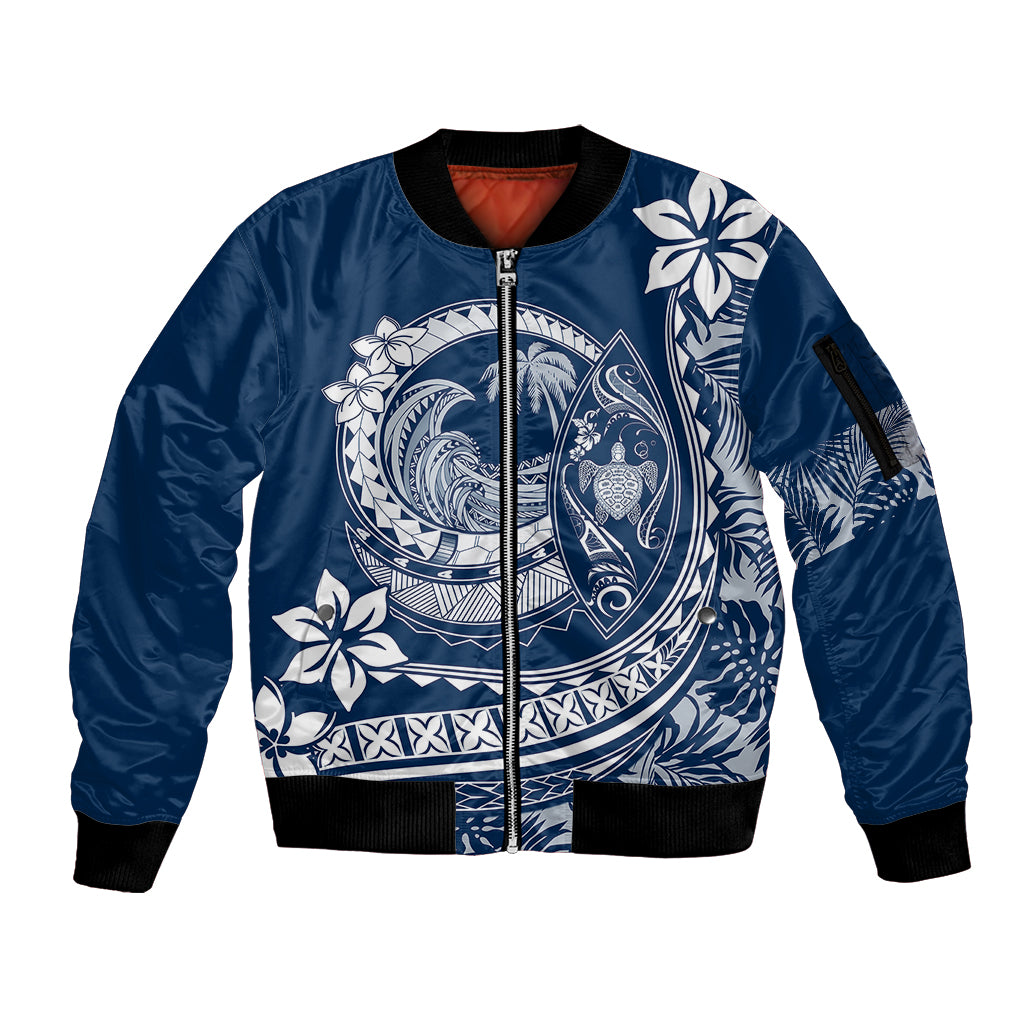 Polynesian Plumeria Sleeve Zip Bomber Jacket Ride The Waves - Navy Blue LT7 Unisex Navy Blue - Polynesian Pride