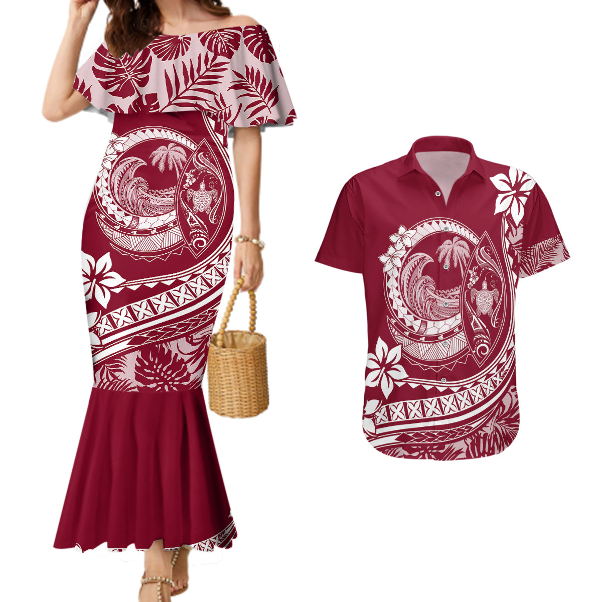 Polynesian Plumeria Couples Matching Mermaid Dress And Hawaiian Shirt Ride The Waves - Burgundy LT7 Burgundy - Polynesian Pride