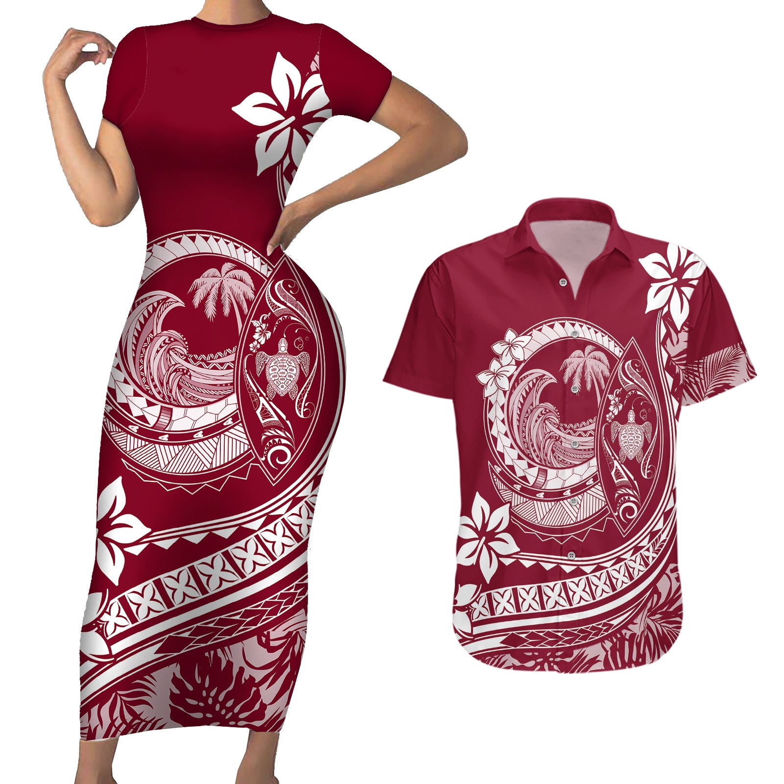 Polynesian Plumeria Couples Matching Short Sleeve Bodycon Dress and Hawaiian Shirt Ride The Waves - Burgundy LT7 Burgundy - Polynesian Pride