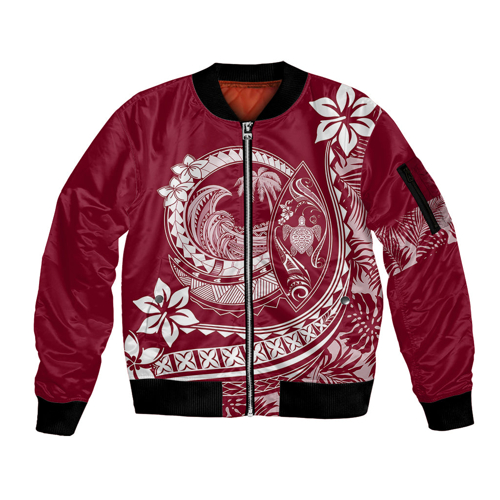Polynesian Plumeria Sleeve Zip Bomber Jacket Ride The Waves - Burgundy LT7 Unisex Burgundy - Polynesian Pride