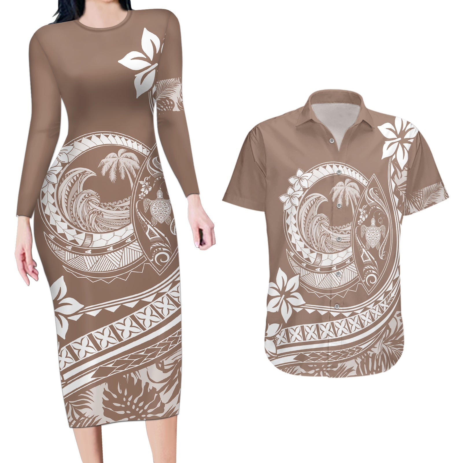 Polynesian Plumeria Couples Matching Long Sleeve Bodycon Dress and Hawaiian Shirt Ride The Waves - Beige LT7 Beige - Polynesian Pride