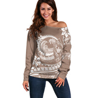 Polynesian Plumeria Off Shoulder Sweater Ride The Waves - Beige LT7 Women Beige - Polynesian Pride