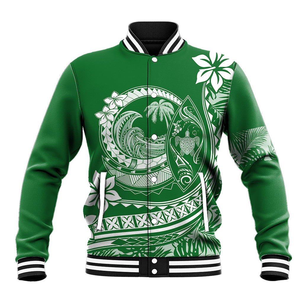 Polynesian Plumeria Baseball Jacket Ride The Waves - Green LT7 Unisex Green - Polynesian Pride