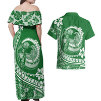 Polynesian Plumeria Couples Matching Off Shoulder Maxi Dress and Hawaiian Shirt Ride The Waves - Green LT7 - Polynesian Pride