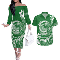 Polynesian Plumeria Couples Matching Off The Shoulder Long Sleeve Dress and Hawaiian Shirt Ride The Waves - Green LT7 Green - Polynesian Pride