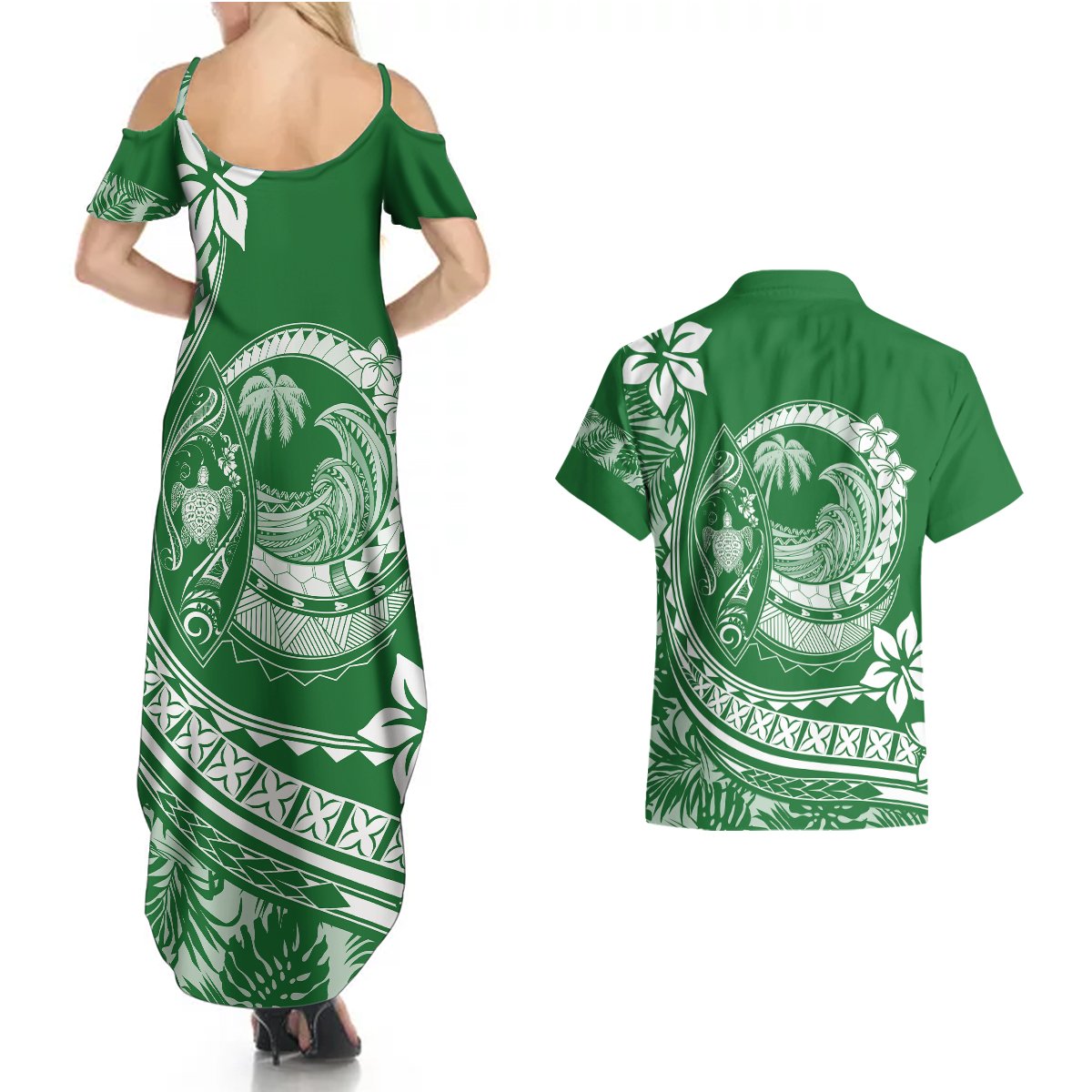 Polynesian Plumeria Couples Matching Summer Maxi Dress and Hawaiian Shirt Ride The Waves - Green LT7 - Polynesian Pride