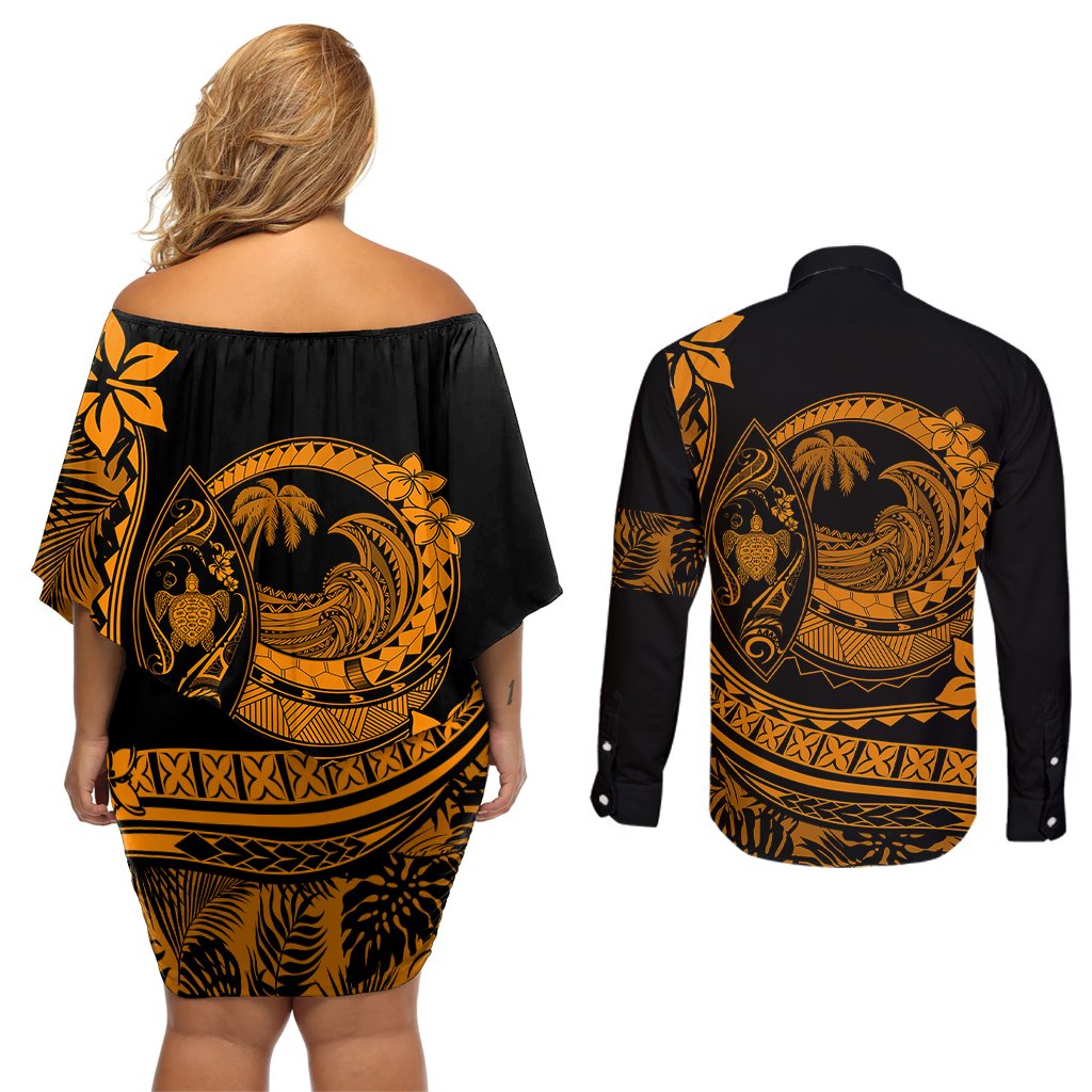 Polynesian Plumeria Couples Matching Off Shoulder Short Dress and Long Sleeve Button Shirts Ride The Waves - Orange LT7 - Polynesian Pride